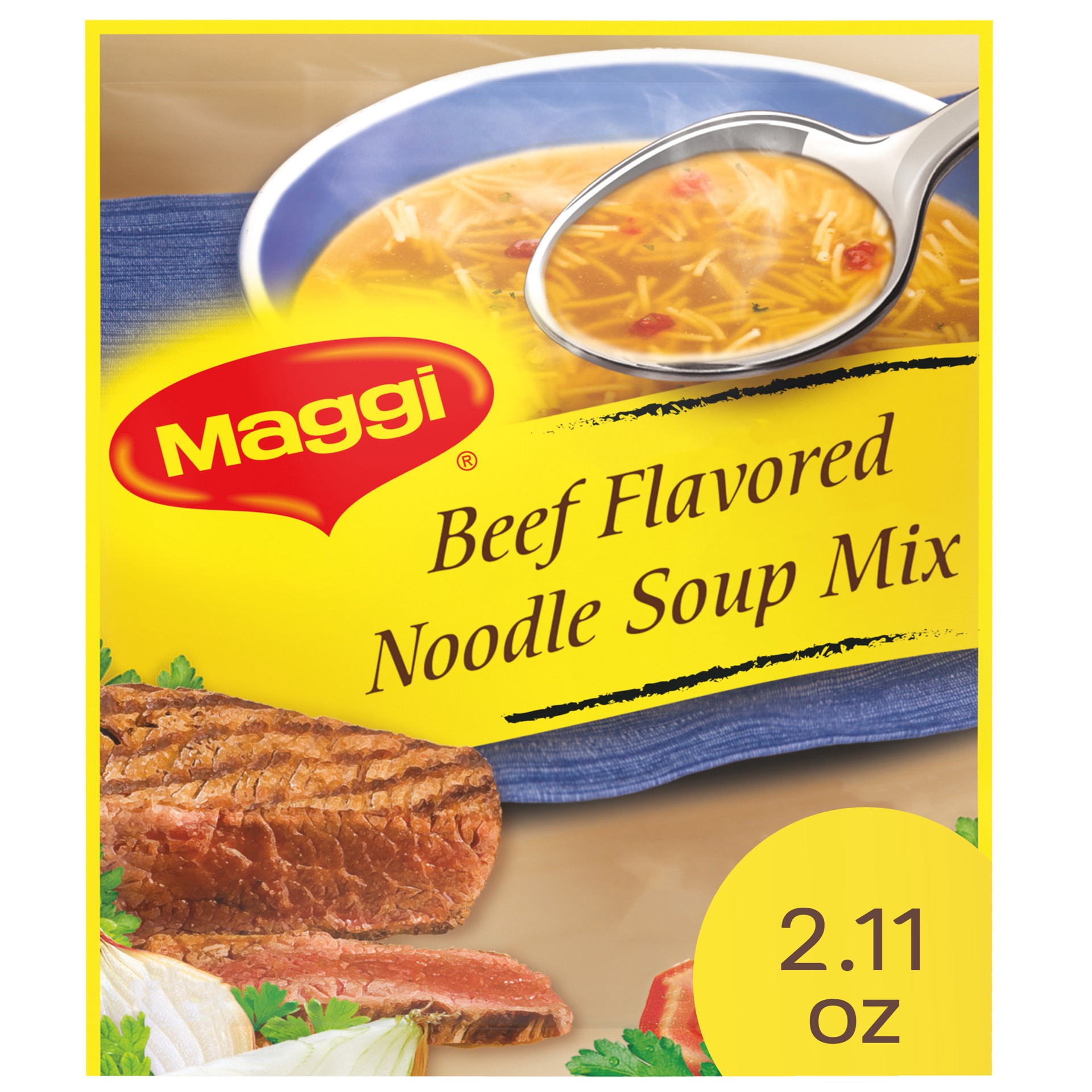 slide 1 of 9, Maggi Beef Flavored Noodle Soup Mix, 2.11 oz