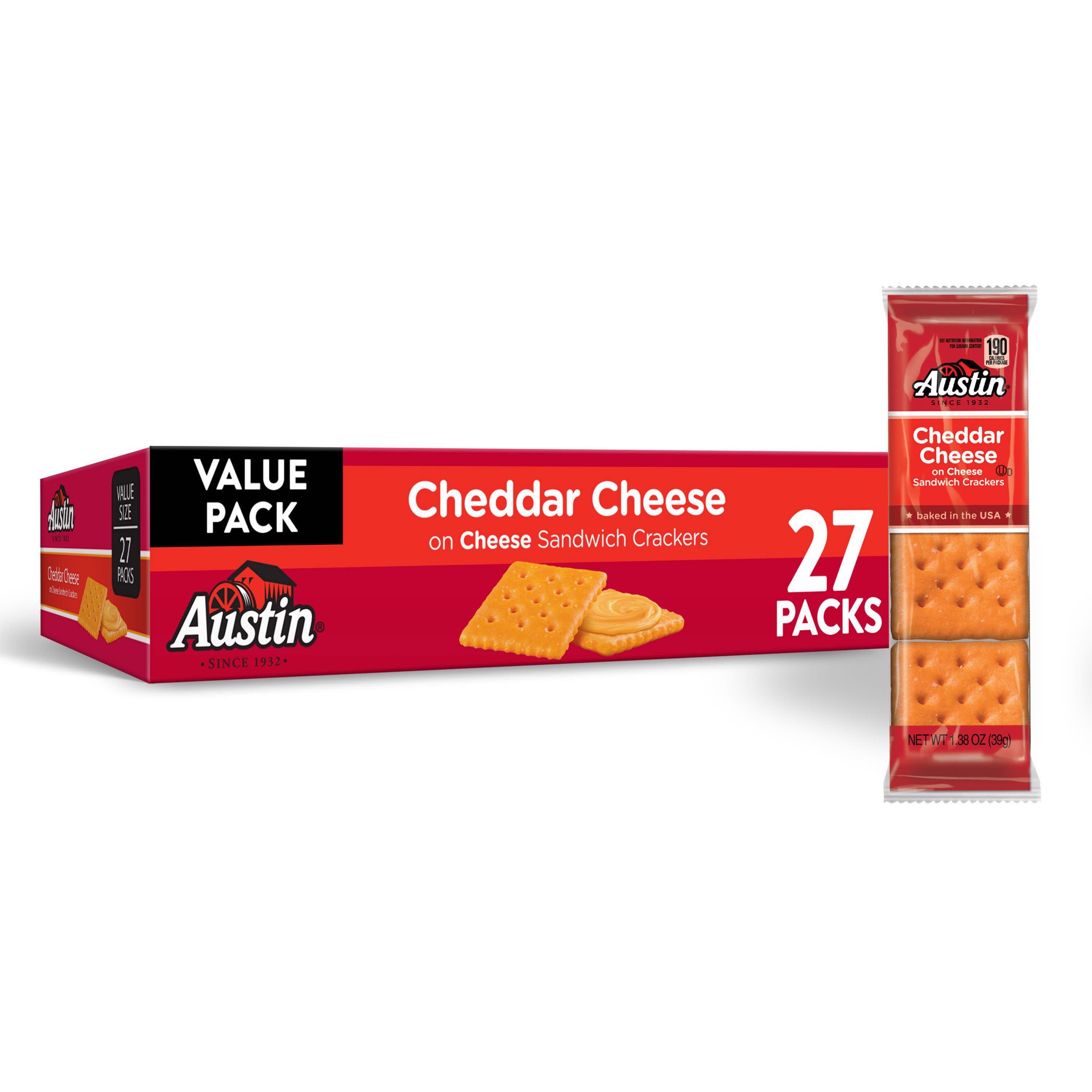 slide 1 of 5, Austin Sandwich Crackers, Cheddar Cheese on Cheese, 37.2 oz, 27 Count, 37.2 oz