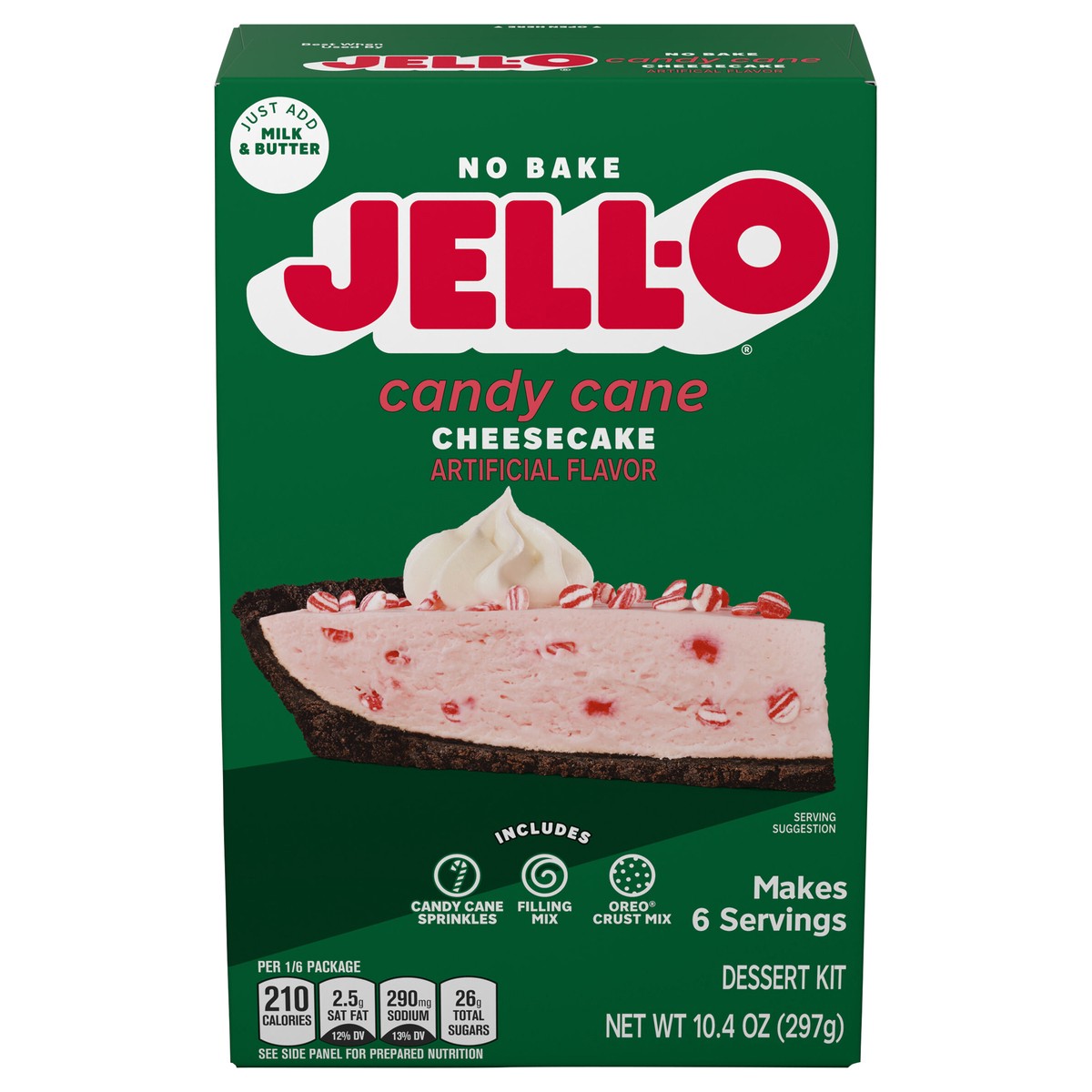 slide 1 of 9, Jell-O No Bake Candy Cane Cheesecake Artificially Flavored Dessert Kit with Candy Cane Sprinkles, Filling Mix & Oreo Crust Mix, 10.4 oz Box, 10.4 oz