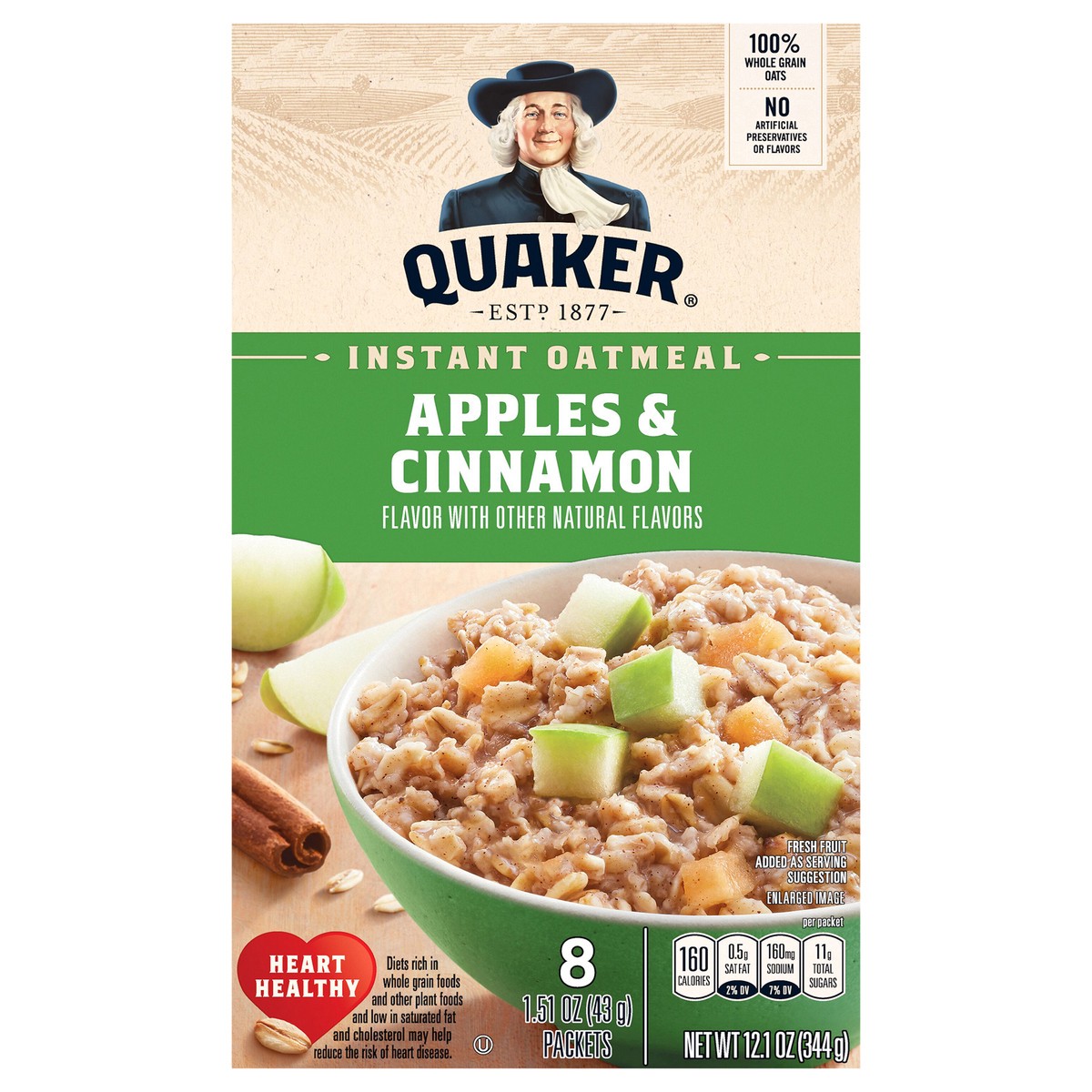 slide 1 of 1, Quaker Oatmeal, Instant, Apples & Cinnamon, 8 ct