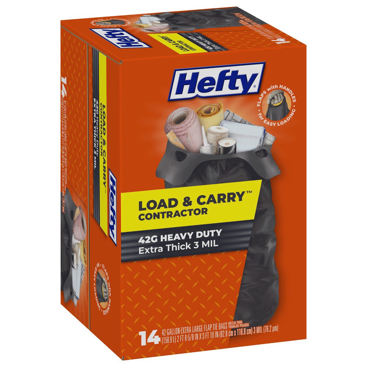 slide 16 of 17, Hefty Load & Carry 42 Gallon Contractor Heavy Duty Flap Tie Bags Extra Large 14 ea, 14 ct