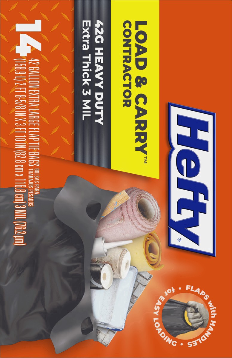 slide 15 of 17, Hefty Load & Carry 42 Gallon Contractor Heavy Duty Flap Tie Bags Extra Large 14 ea, 14 ct