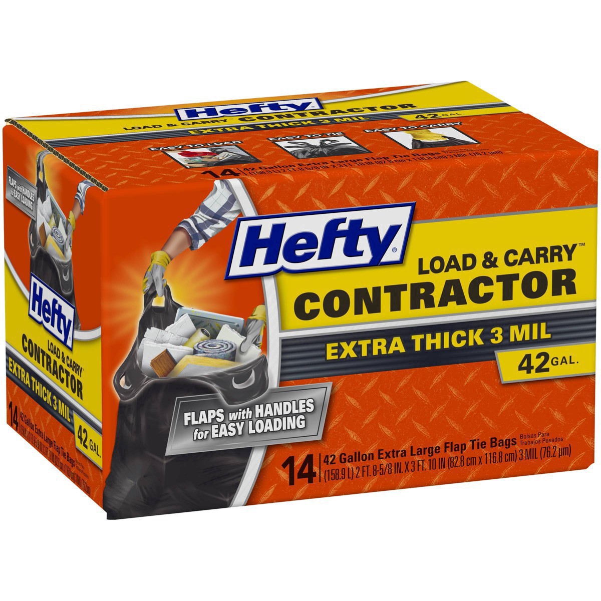 slide 5 of 17, Hefty Load & Carry 42 Gallon Contractor Heavy Duty Flap Tie Bags Extra Large 14 ea, 14 ct