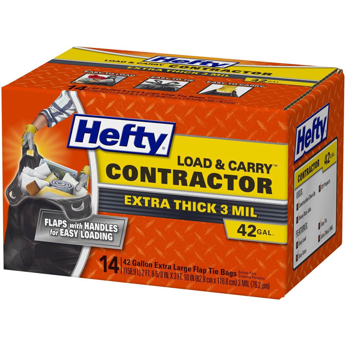 slide 4 of 17, Hefty Load & Carry 42 Gallon Contractor Heavy Duty Flap Tie Bags Extra Large 14 ea, 14 ct