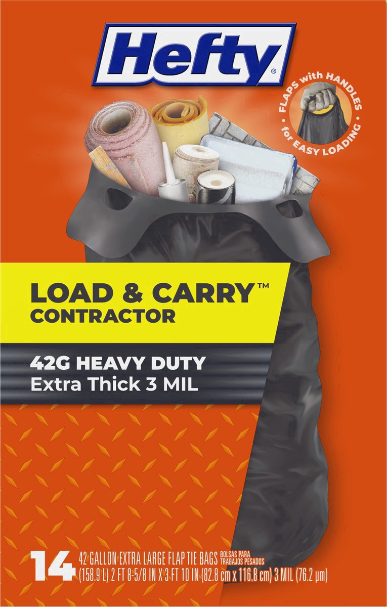 slide 11 of 17, Hefty Load & Carry 42 Gallon Contractor Heavy Duty Flap Tie Bags Extra Large 14 ea, 14 ct