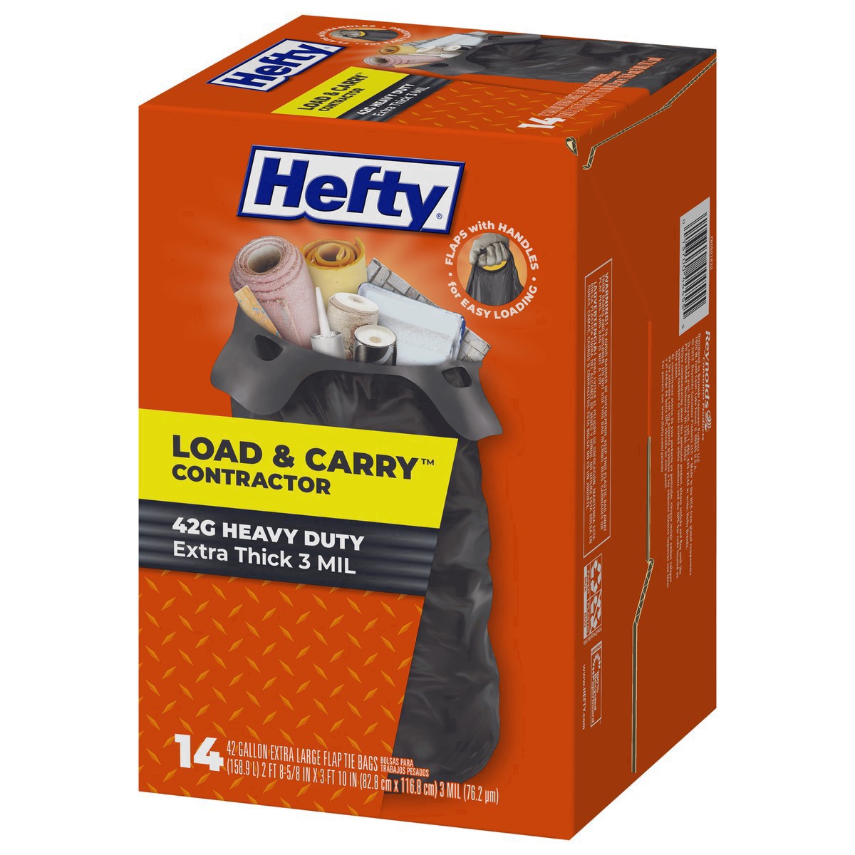 slide 3 of 17, Hefty Load & Carry 42 Gallon Contractor Heavy Duty Flap Tie Bags Extra Large 14 ea, 14 ct