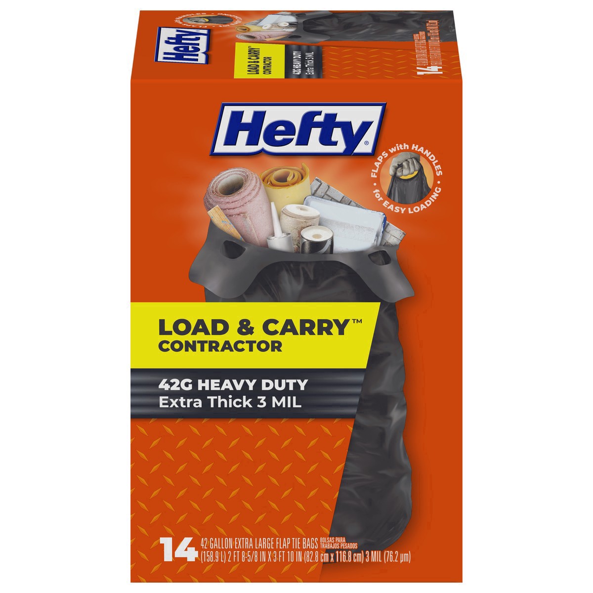 slide 10 of 17, Hefty Load & Carry 42 Gallon Contractor Heavy Duty Flap Tie Bags Extra Large 14 ea, 14 ct