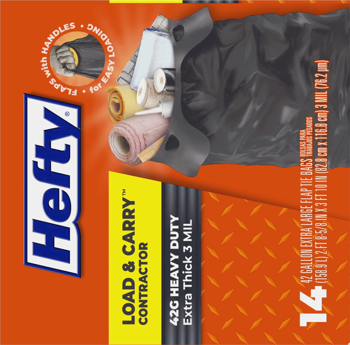 slide 9 of 17, Hefty Load & Carry 42 Gallon Contractor Heavy Duty Flap Tie Bags Extra Large 14 ea, 14 ct