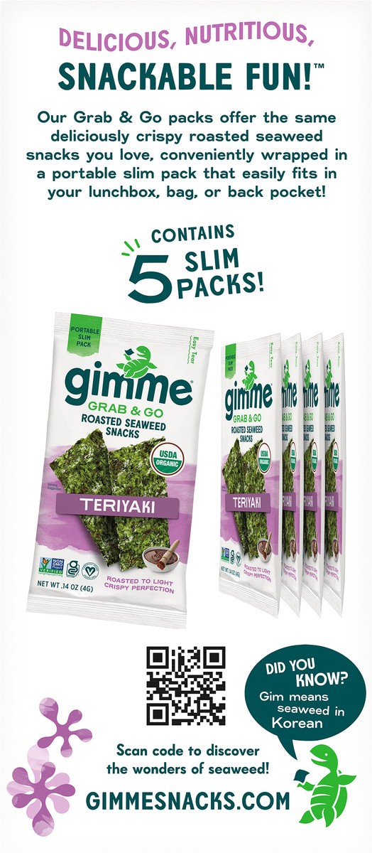 slide 3 of 12, gimMe Organic Roasted Teriyaki Seaweed Snacks Value Pack 5 - 0.14 oz Packs, 5 ct
