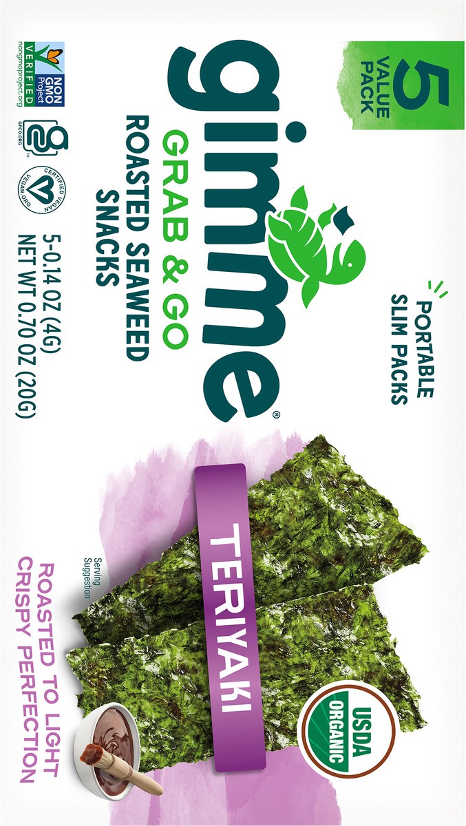 slide 11 of 12, gimMe Organic Roasted Teriyaki Seaweed Snacks Value Pack 5 - 0.14 oz Packs, 5 ct