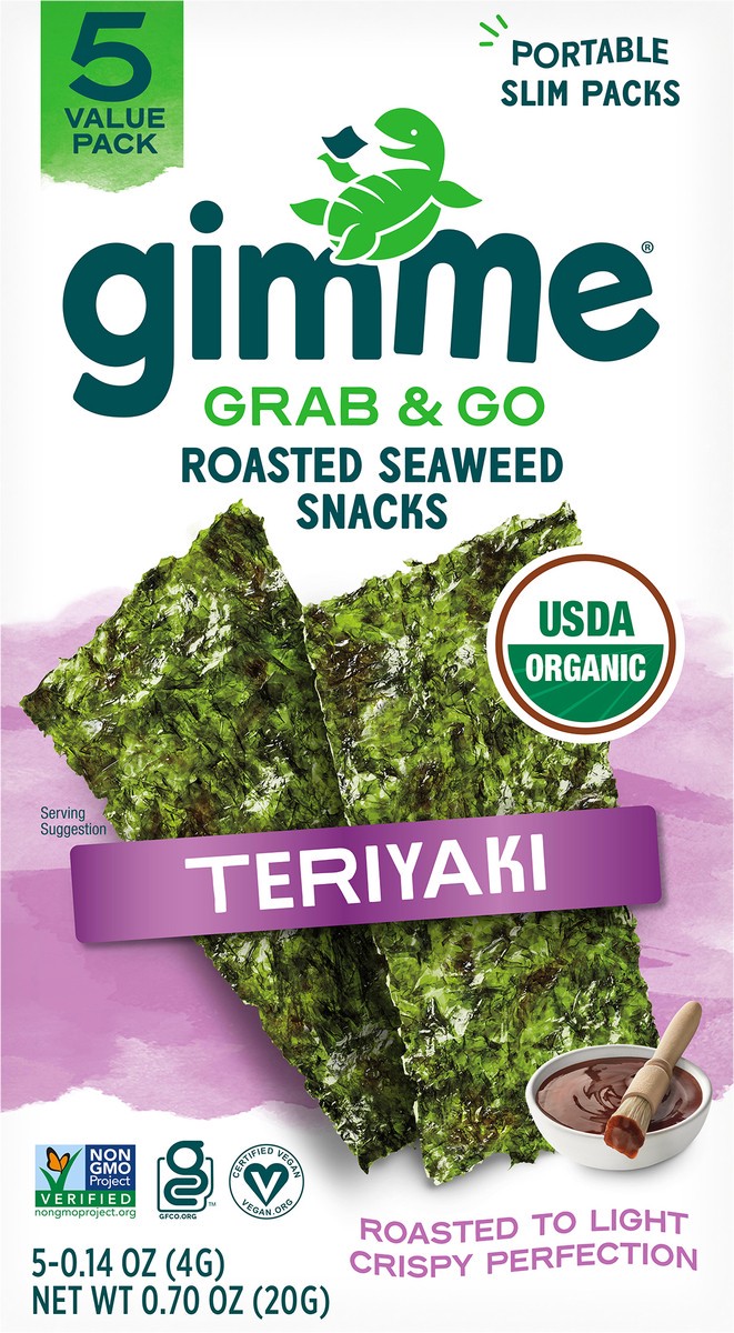 slide 8 of 12, gimMe Organic Roasted Teriyaki Seaweed Snacks Value Pack 5 - 0.14 oz Packs, 5 ct