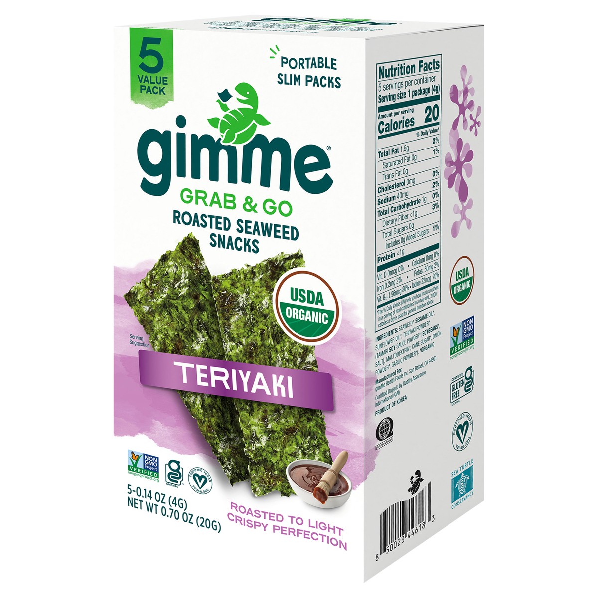 slide 5 of 12, gimMe Organic Roasted Teriyaki Seaweed Snacks Value Pack 5 - 0.14 oz Packs, 5 ct
