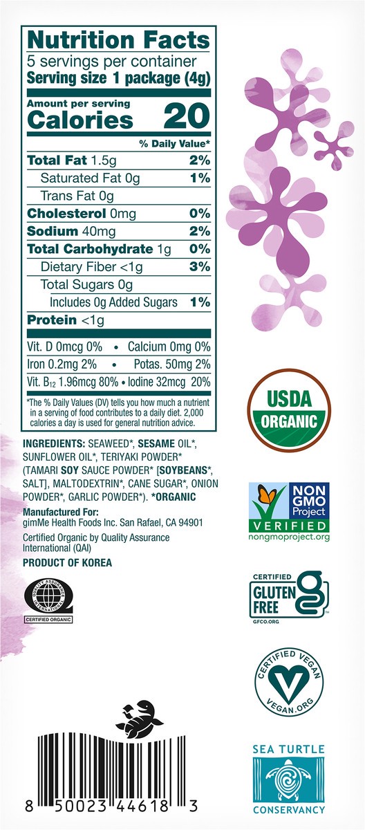 slide 7 of 12, gimMe Organic Roasted Teriyaki Seaweed Snacks Value Pack 5 - 0.14 oz Packs, 5 ct