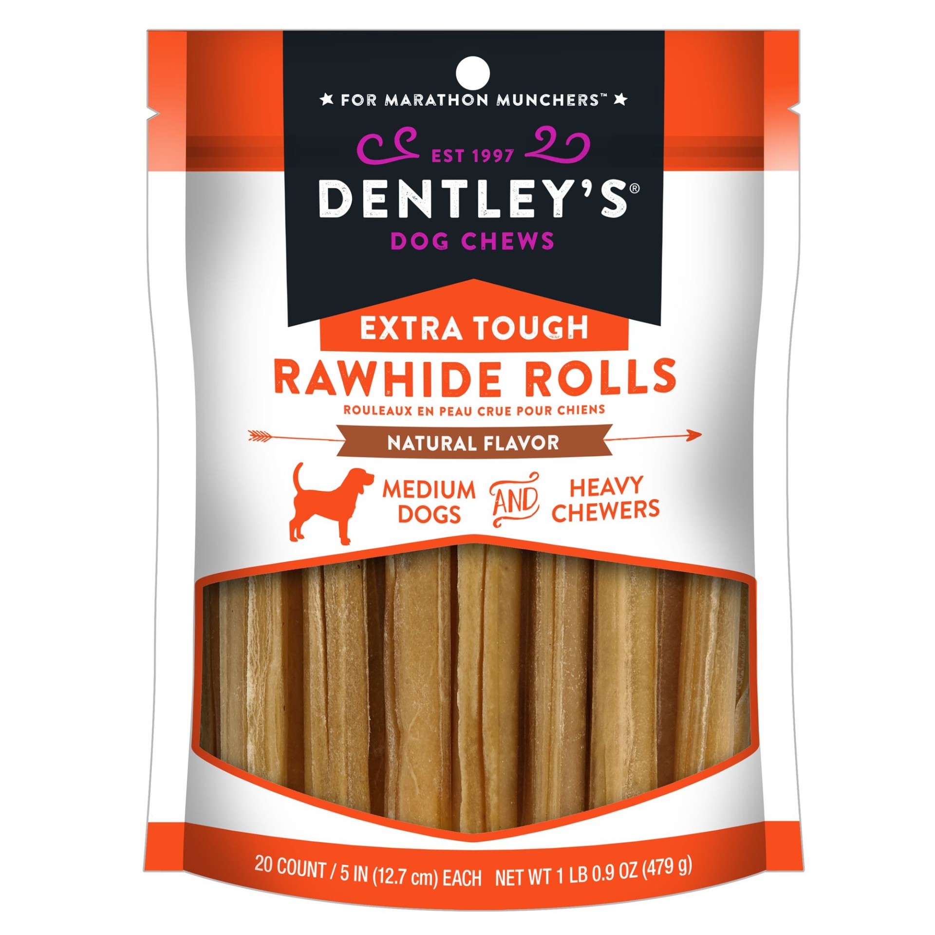slide 1 of 1, Dentley's Extra Tough 5 Rawhide Rolls Dog Chew - 20 Count", 20 ct