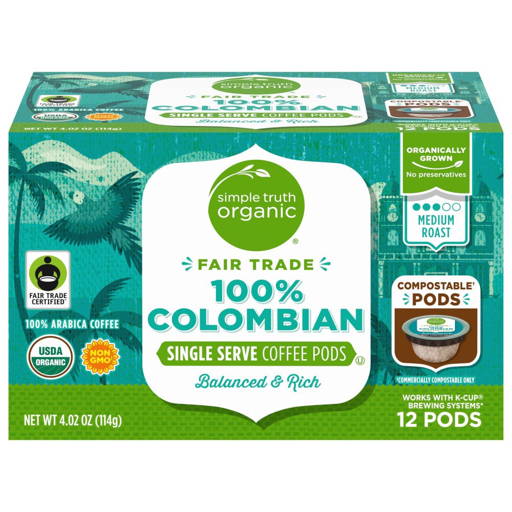 slide 1 of 5, Simple Truth Organic Colombian Medium Roast K-Cup Coffee Pods - 12 ct, 12 ct