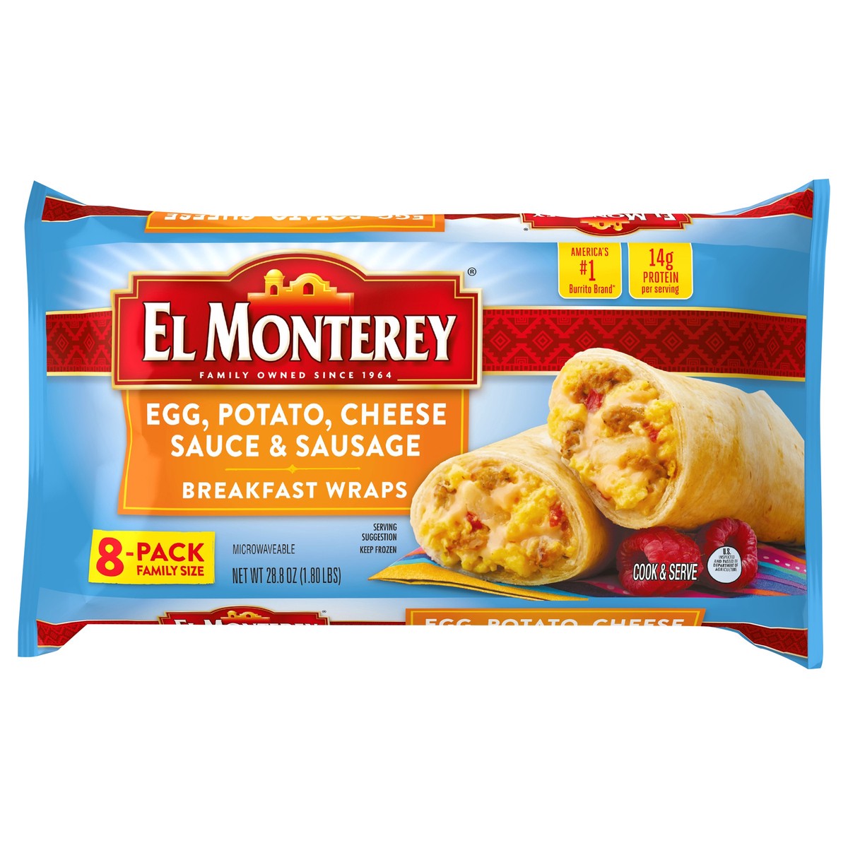 slide 6 of 8, El Monterey Egg, Potato, Cheese Sauce & Sausage Breakfast Wraps 8 ct Bag, 28.8 oz