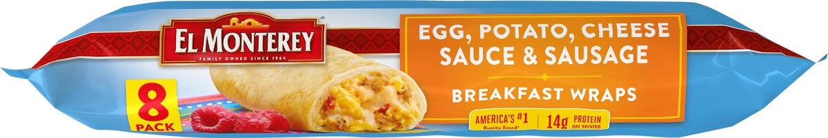 slide 4 of 8, El Monterey Egg, Potato, Cheese Sauce & Sausage Breakfast Wraps 8 ct Bag, 28.8 oz