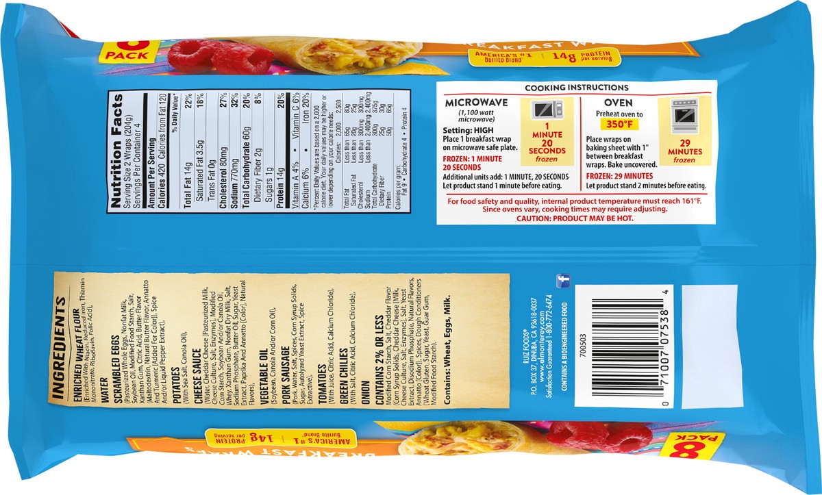 slide 5 of 8, El Monterey Egg, Potato, Cheese Sauce & Sausage Breakfast Wraps 8 ct Bag, 28.8 oz