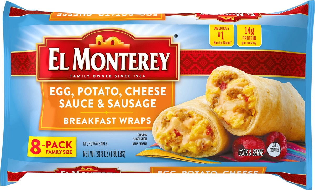 slide 1 of 8, El Monterey Egg, Potato, Cheese Sauce & Sausage Breakfast Wraps 8 ct Bag, 28.8 oz