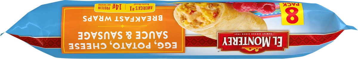 slide 2 of 8, El Monterey Egg, Potato, Cheese Sauce & Sausage Breakfast Wraps 8 ct Bag, 28.8 oz