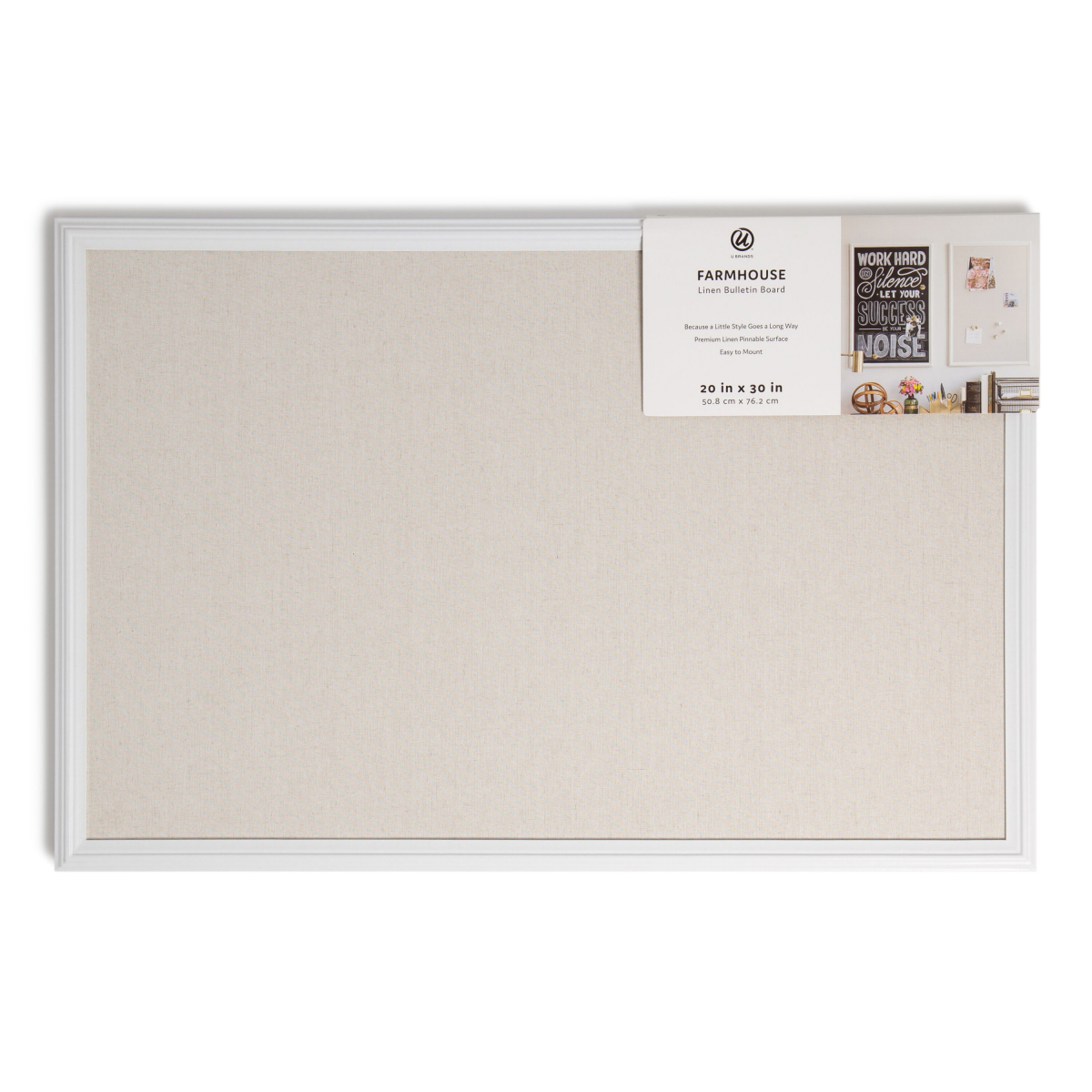 slide 1 of 7, U Brands Farmhouse Linen Bulletin Board, 20x30 in., White Wood Style Frame, Includes Push Pins, 20 in x 30 in