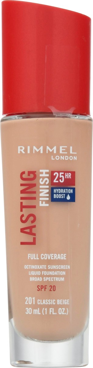 slide 12 of 13, Rimmel London Broad Spectrum SPF 20 Classic Beige 201 Lasting Finish Full Coverage Liquid Foundation 1 fl oz, 30 ml