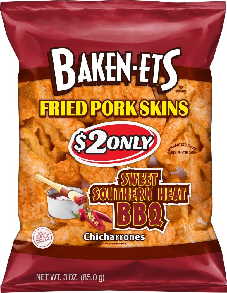 slide 1 of 3, BAKEN-ETS Sweet Southern Heat Bbq Fried Pork Skins Chicharrones, 3 oz