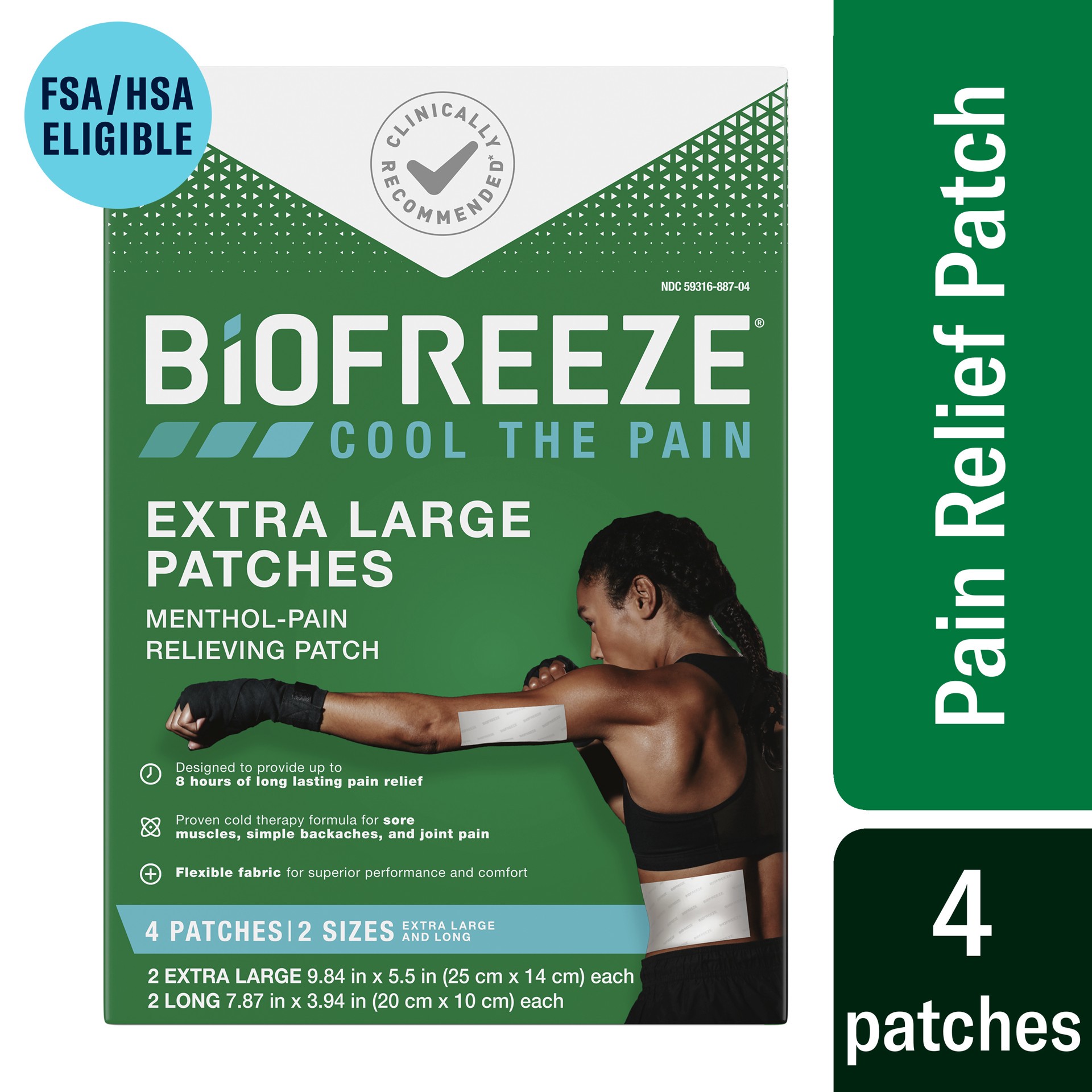 slide 1 of 9, Biofreeze XL Menthol Pain Relieving Patches, 4 Patches 2 Sizes Up To 8 Hours Of Long Lasting Pain Relief Associated With Sore Muscles, Arthritis, Simple Backaches, And Joint Pain (Packaging May Vary), 1 ct