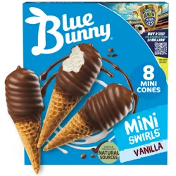 Blue Bunny Mini Swirls Vanilla Cones, Frozen Dessert, 8 Pack