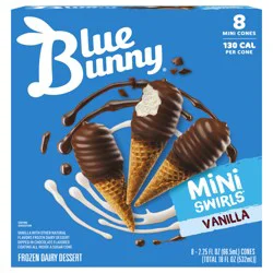 Blue Bunny Mini Swirls Vanilla Cones, Frozen Dessert, 8 Pack
