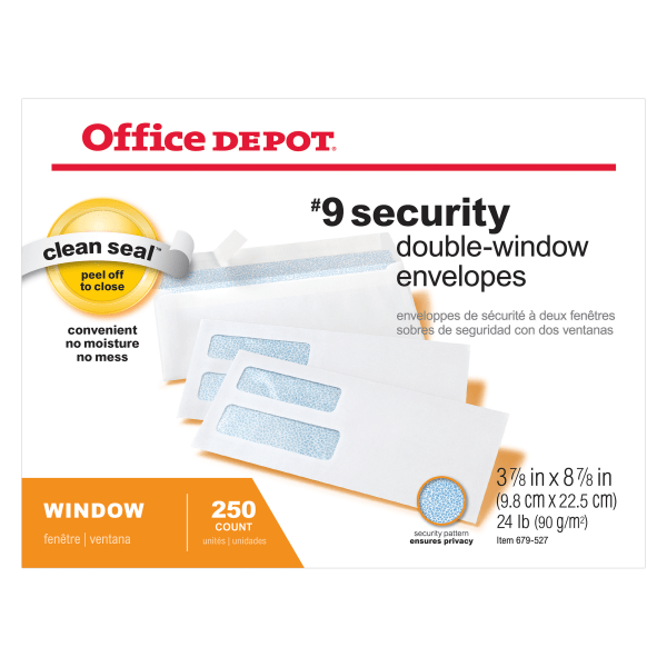 slide 1 of 1, Office Depot Double-Window Envelopes, #9, 3-7/8" X 8-7/8", White, Clean Seal, Box Of 250, 250 ct