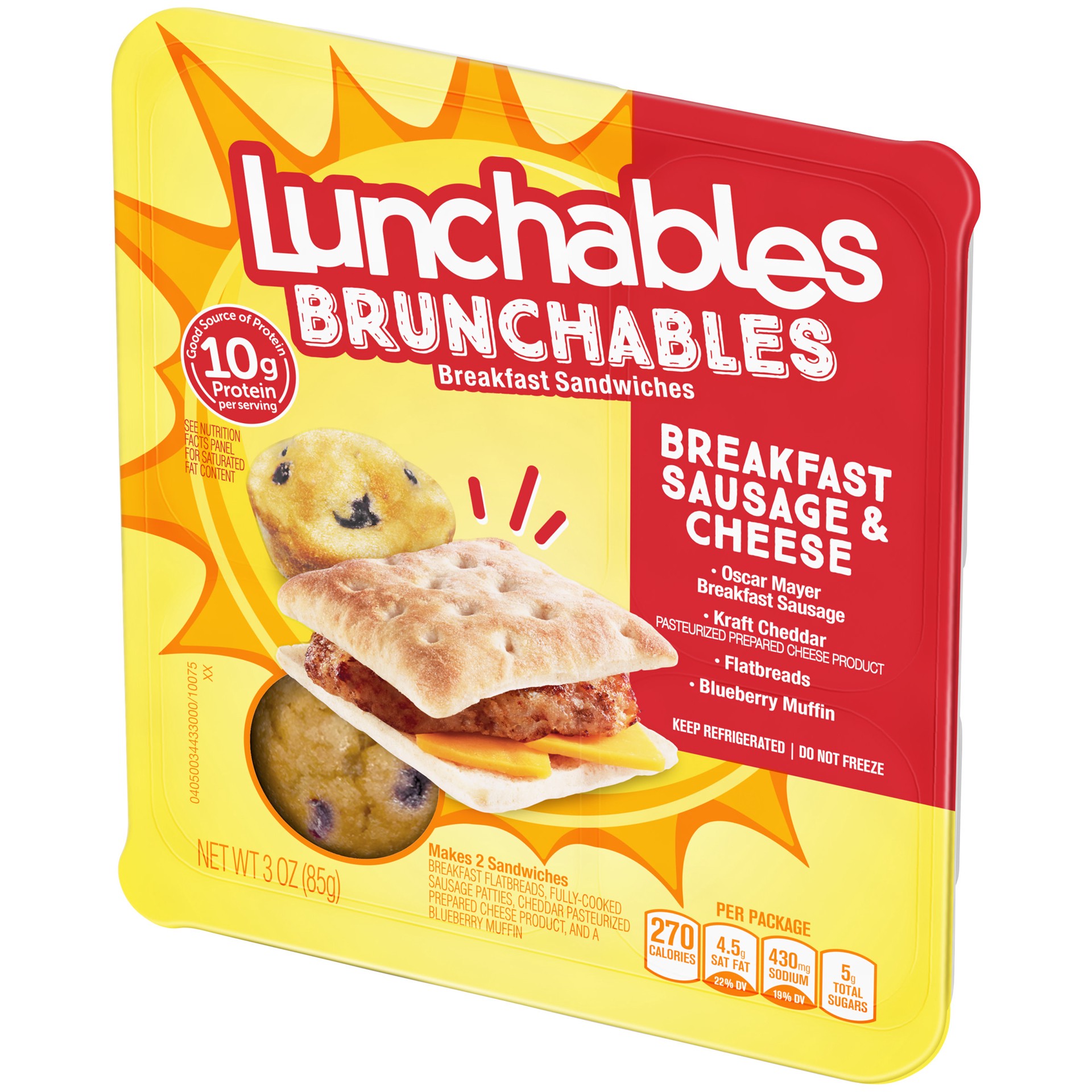 slide 2 of 5, Lunchables Brunchables Breakfast Sandwiches Meal Kit with Sausage, Cheddar Cheese, Flatbreads & Blueberry Muffin, 3 oz Tray, 3 oz