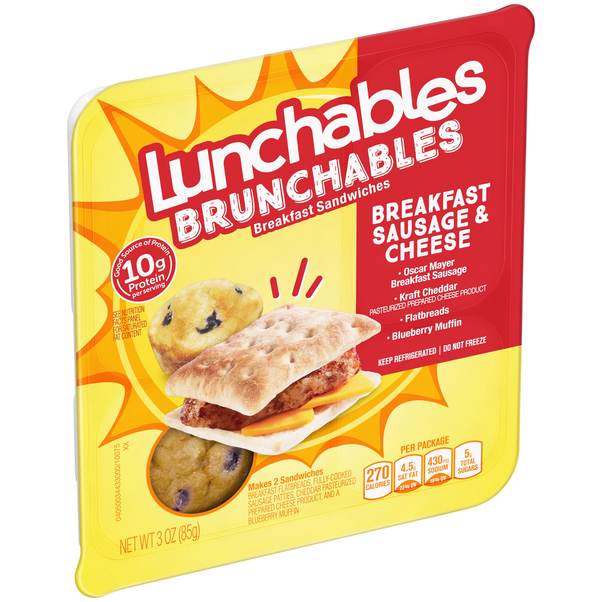 slide 4 of 5, Lunchables Brunchables Breakfast Sandwiches Meal Kit with Sausage, Cheddar Cheese, Flatbreads & Blueberry Muffin, 3 oz Tray, 3 oz