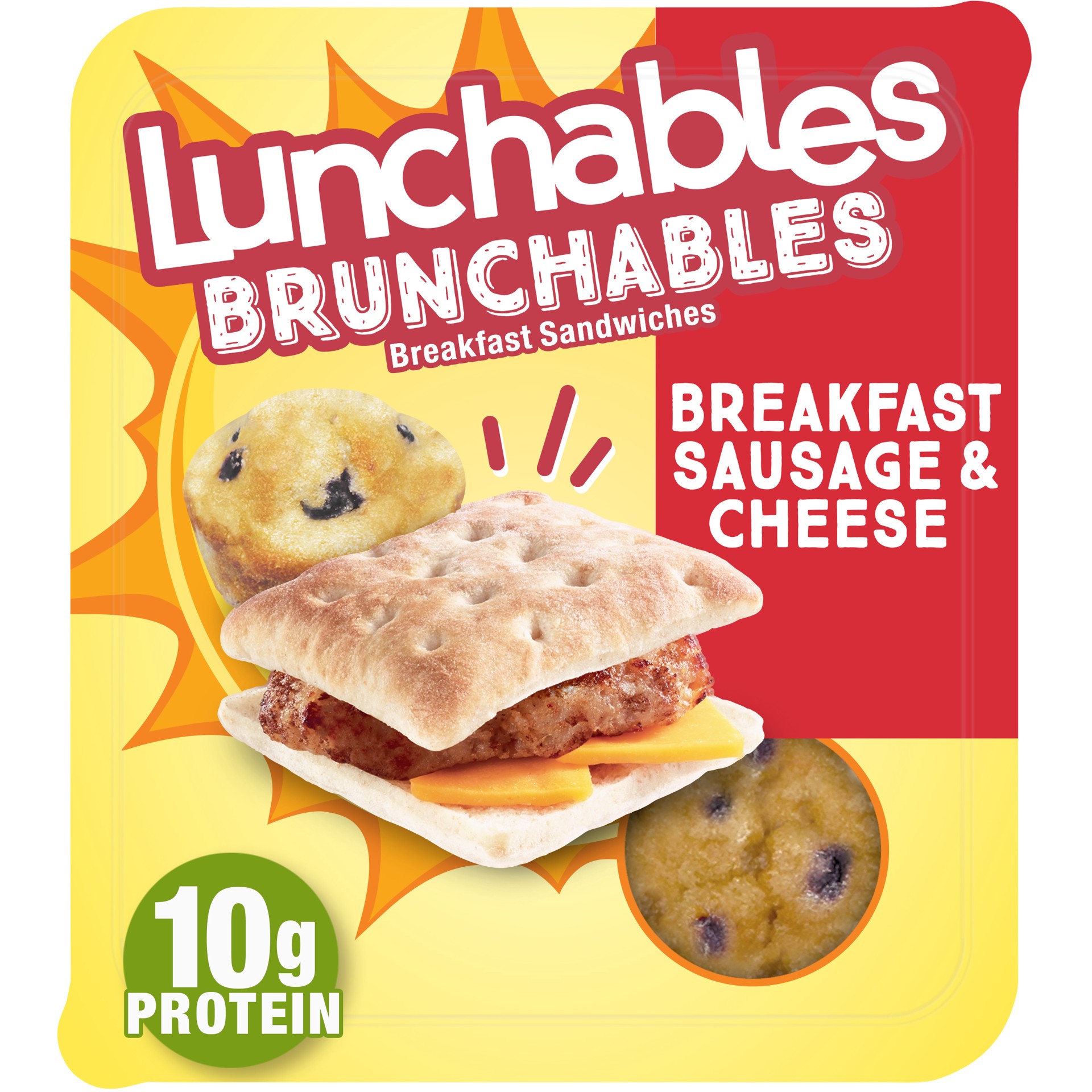 slide 1 of 5, Lunchables Brunchables Breakfast Sandwiches Meal Kit with Sausage, Cheddar Cheese, Flatbreads & Blueberry Muffin, 3 oz Tray, 3 oz