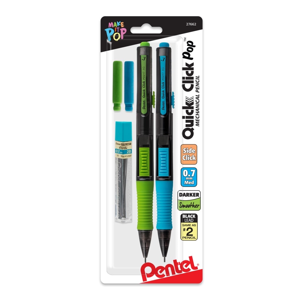 slide 1 of 1, Pentel Quick Click Pop Mechanical Pencil with Lead and Eraser Refills, Assorted, 2 ct