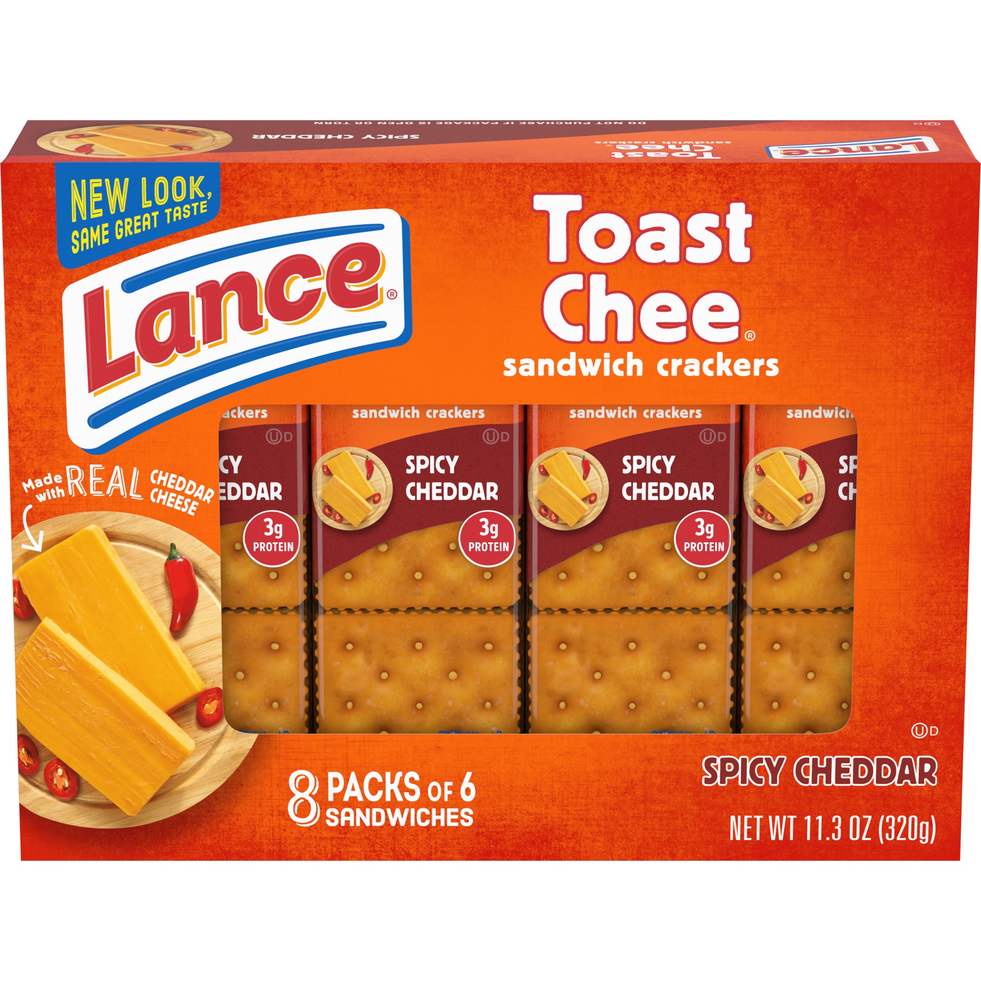 slide 1 of 5, Lance Sandwich Crackers, ToastChee Spicy Cheddar, 8 On-the-Go Packs, 6 Sandwiches Each, 11.3 oz