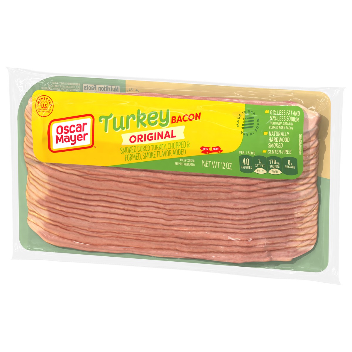 slide 5 of 9, Oscar Mayer Gluten Free Turkey Bacon with 58% Less Fat & 57% Less Sodium, 12 oz Pack, 21-23 slices, 12 oz