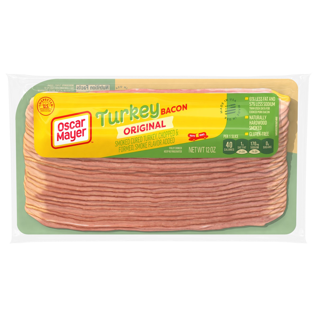 slide 1 of 9, Oscar Mayer Gluten Free Turkey Bacon with 58% Less Fat & 57% Less Sodium, 12 oz Pack, 21-23 slices, 12 oz
