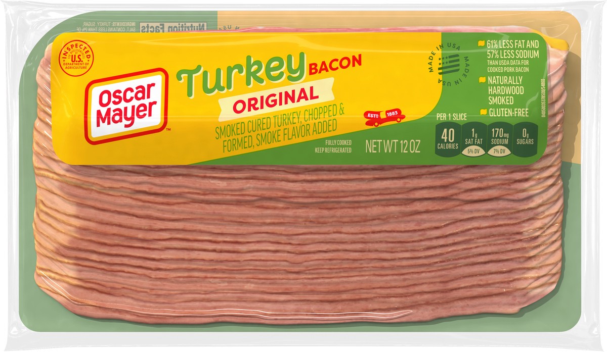 slide 7 of 9, Oscar Mayer Gluten Free Turkey Bacon with 58% Less Fat & 57% Less Sodium, 12 oz Pack, 21-23 slices, 12 oz
