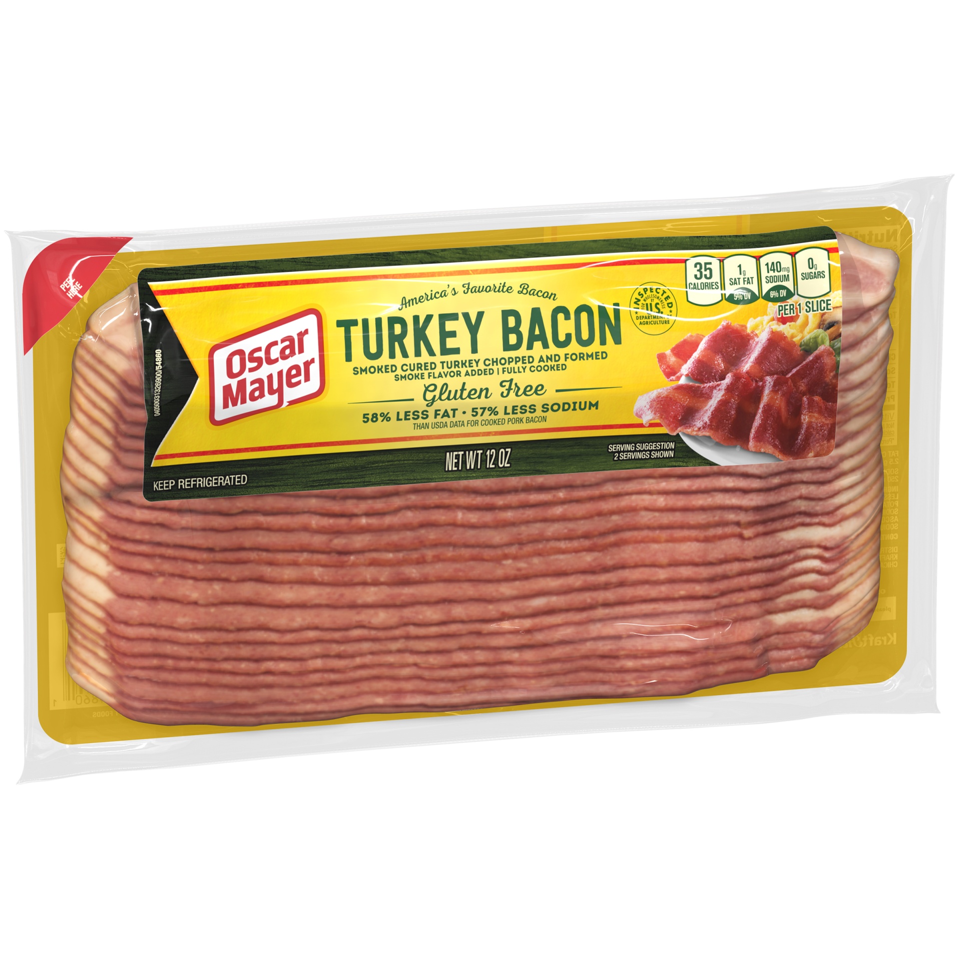 slide 8 of 12, Oscar Mayer Fully Cooked & Gluten Free Turkey Bacon with 58% Less Fat & 57% Less Sodium Pack, 21-23 slices, 12 oz