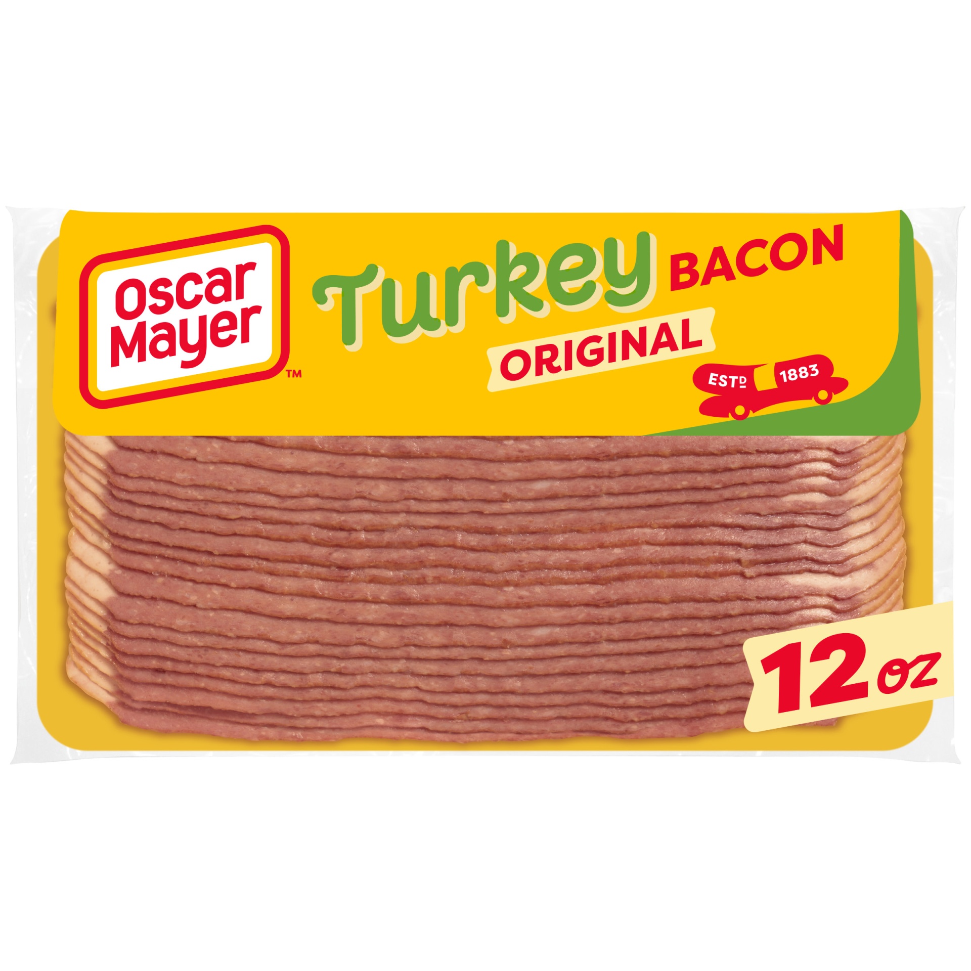 slide 1 of 7, Oscar Mayer Fully Cooked & Gluten Free Turkey Bacon with 58% Less Fat & 57% Less Sodium Pack, 21-23 slices, 12 oz