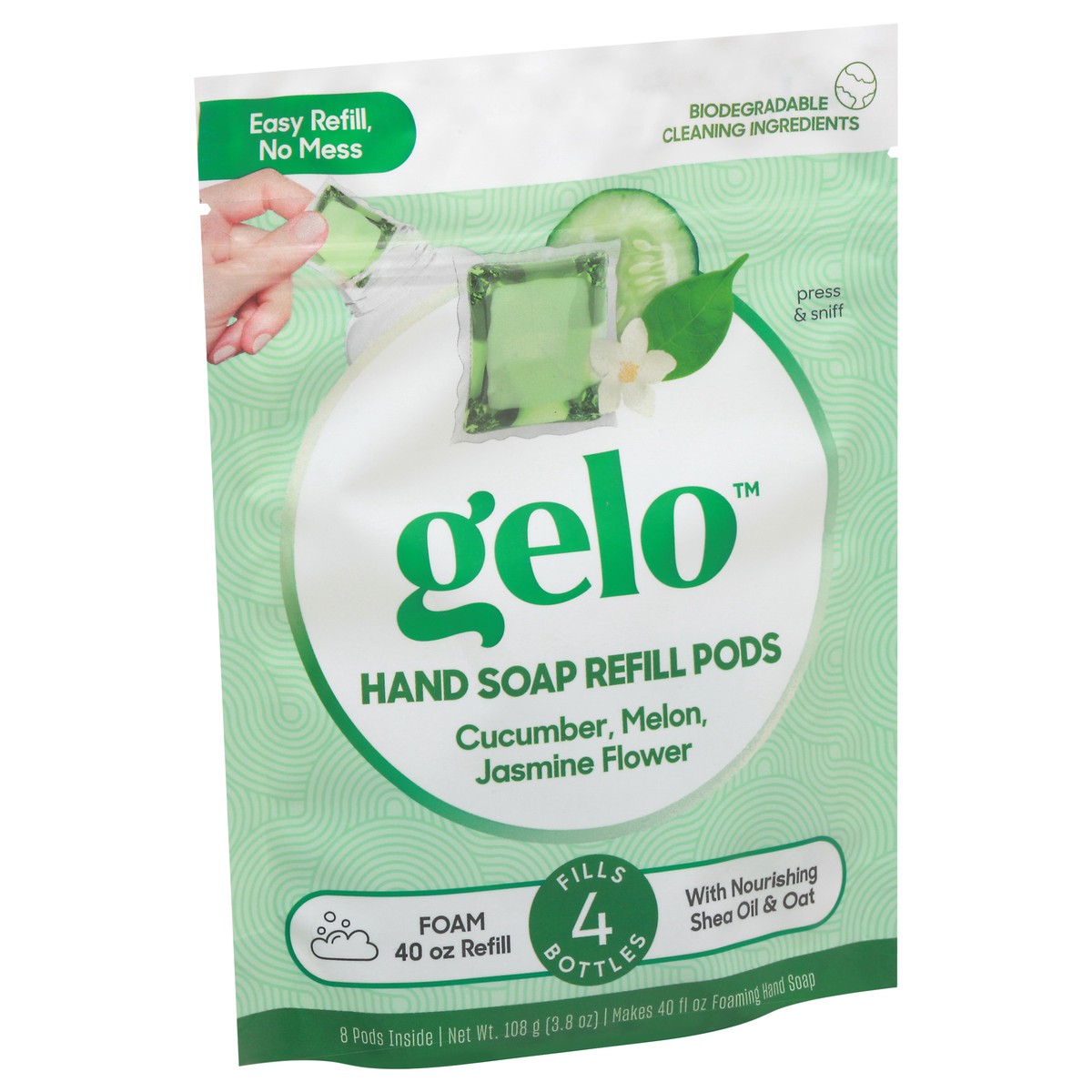 slide 8 of 10, Gelo Hand Soap, Cucumber, Melon, Jasmine Flower, Refill Pods, 40 oz