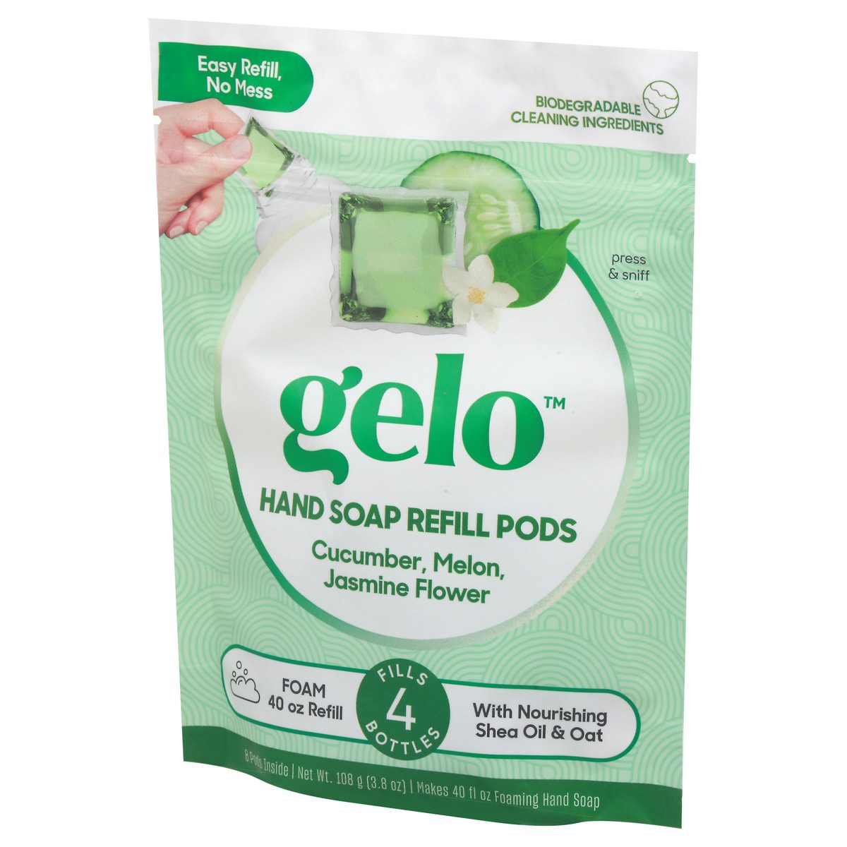 slide 6 of 10, Gelo Hand Soap, Cucumber, Melon, Jasmine Flower, Refill Pods, 40 oz