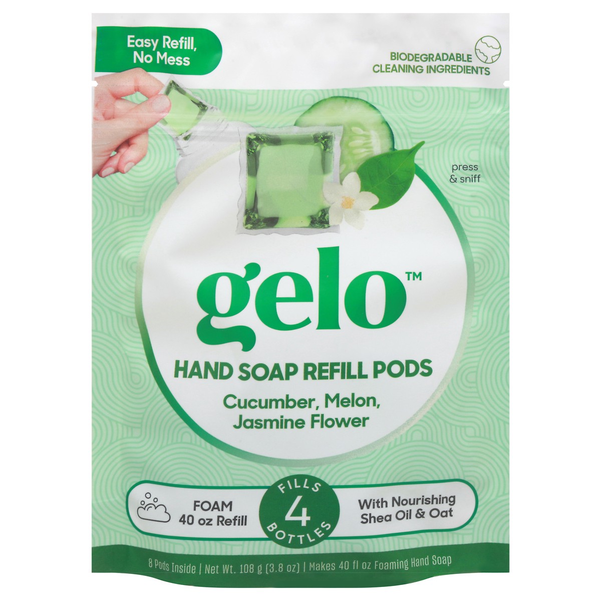 slide 4 of 10, Gelo Hand Soap, Cucumber, Melon, Jasmine Flower, Refill Pods, 40 oz