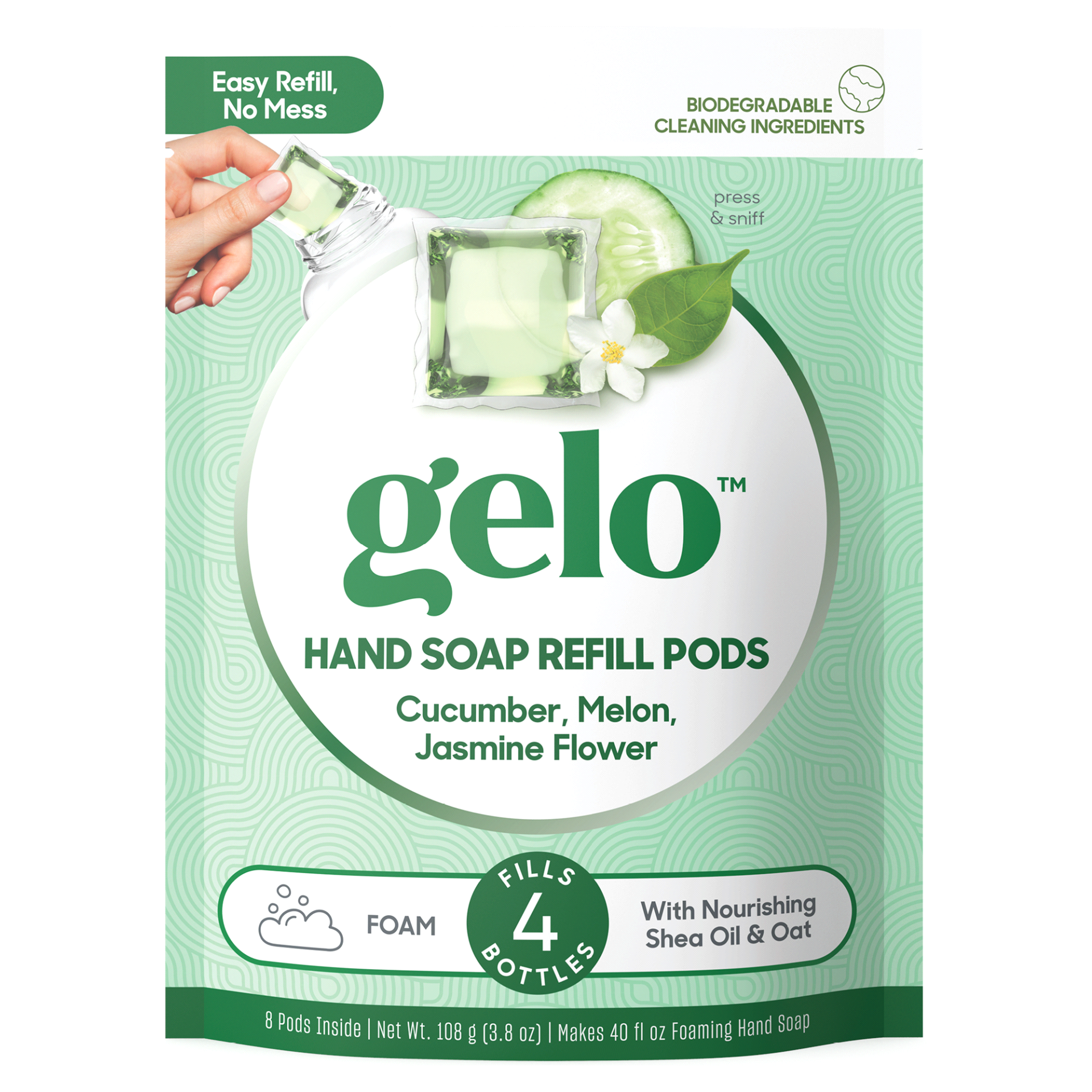 slide 1 of 10, Gelo Hand Soap, Cucumber, Melon, Jasmine Flower, Refill Pods, 40 oz