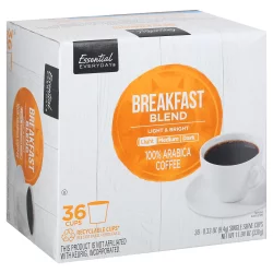 Essential Everyday Coffee, 100% Arabica, Light Roast, Breakfast Blend, Single Serve Cups- 36 ct