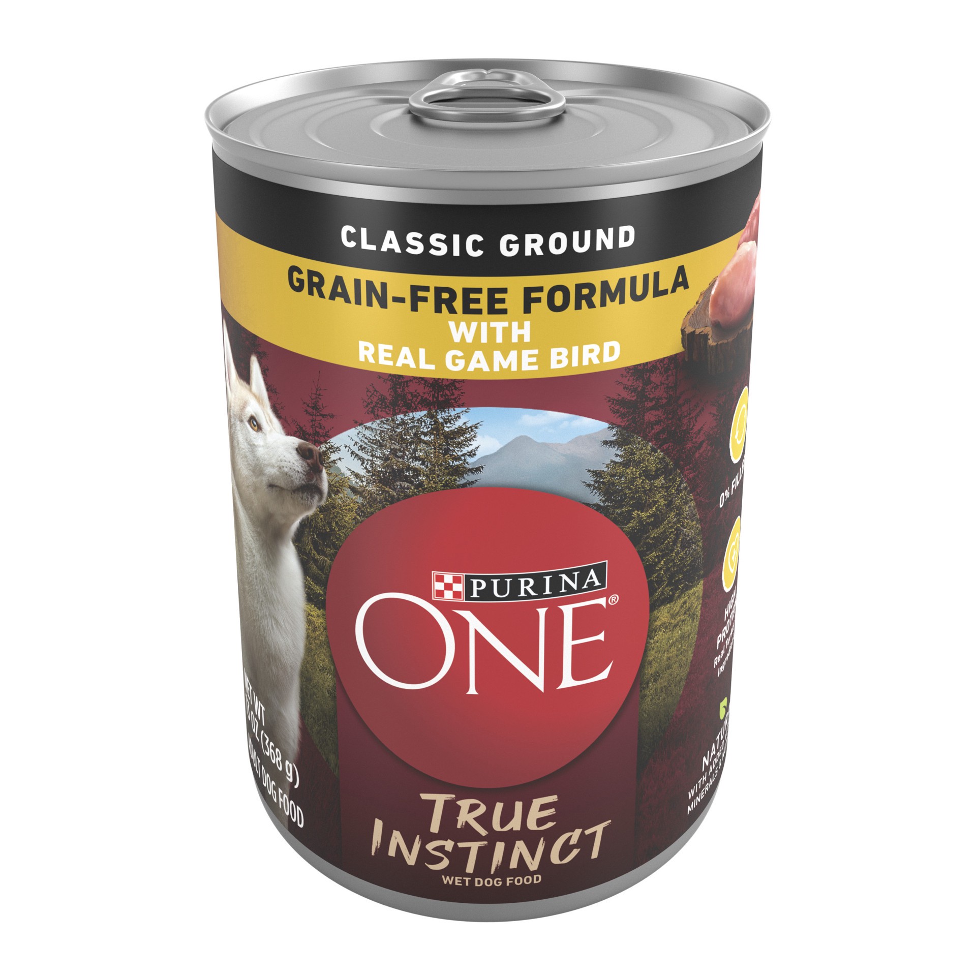 slide 1 of 8, ONE Purina ONE Classic Ground Natural Grain Free Wet Dog Food, True Instinct With Real Gamebird, 13 oz