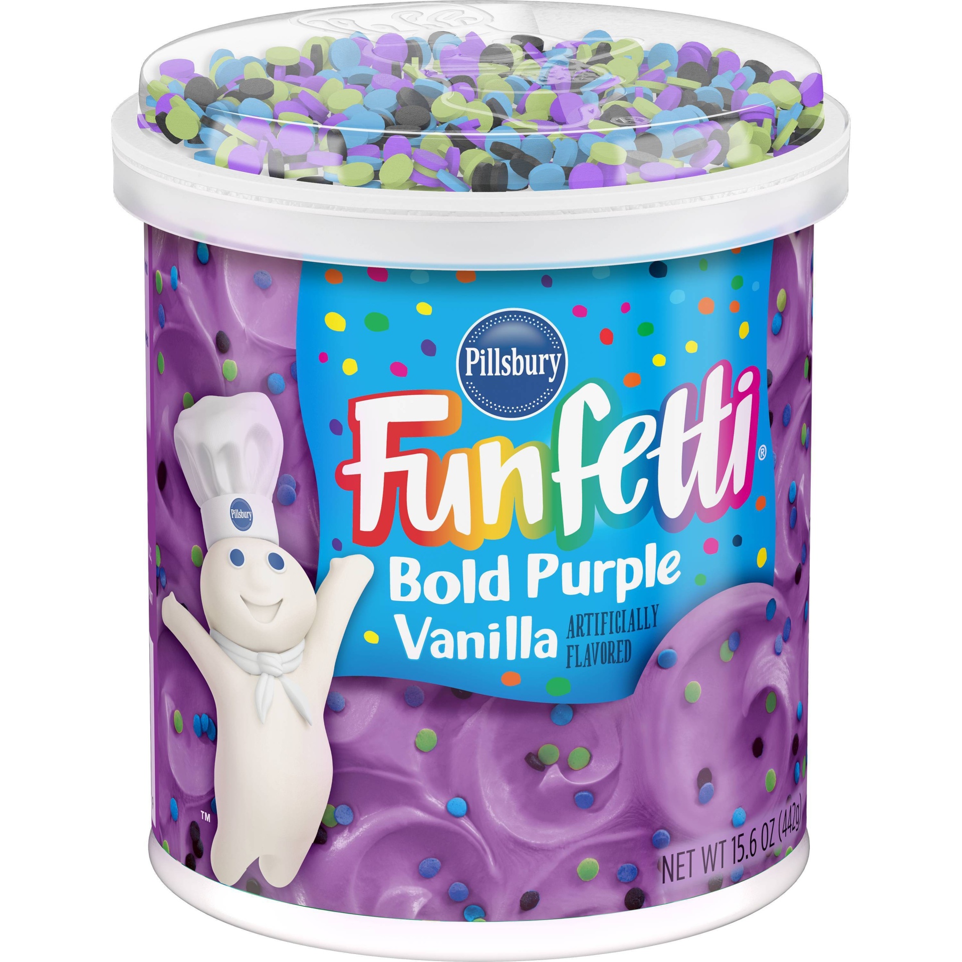 slide 1 of 5, Pillsbury Funfetti Bold Purple Vanilla Frosting, 15.6 oz