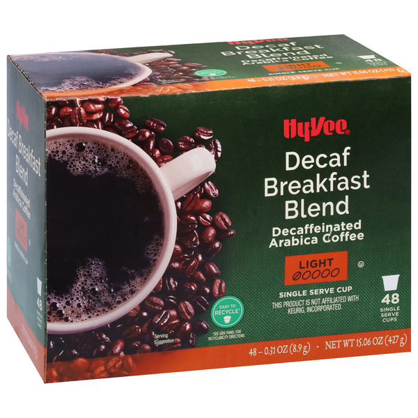 slide 1 of 1, Hy-vee Light Roast Decaf Breakfast Blend Decaffeinated Arabica Coffee Single Serve Cups - 48 ct, 48 ct