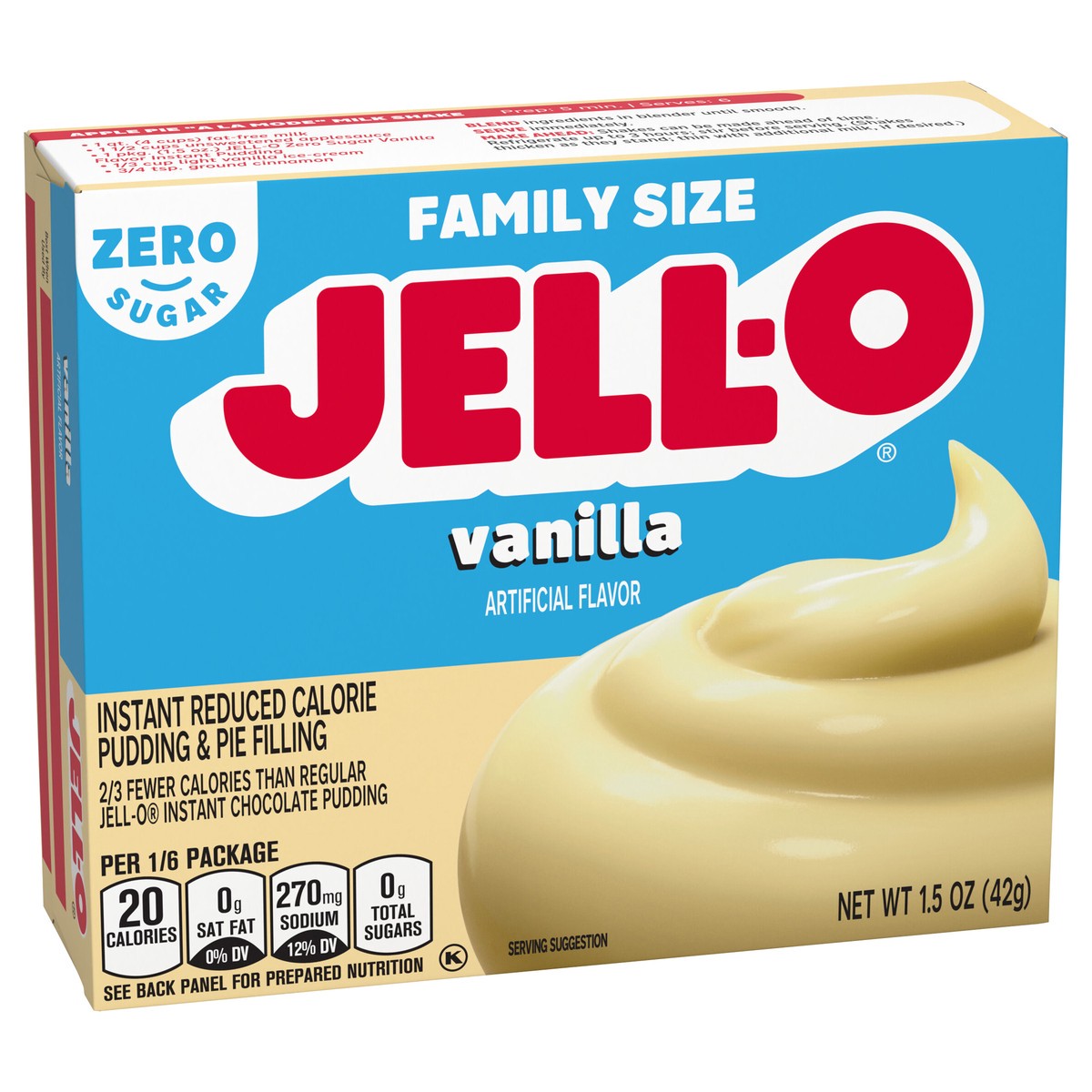 slide 6 of 9, Jell-O Vanilla Artificially Flavored Zero Sugar Instant Reduced Calorie Pudding & Pie Filling Mix, Family Size, 1.5 oz Box, 1.5 oz